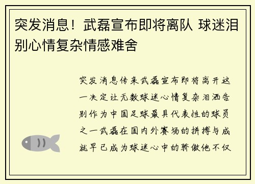 突发消息!武磊宣布即将离队 球迷泪别心情复杂情感难舍 突发消息!武磊宣布即将离队 球迷泪别心情复杂情感难舍