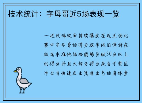 技术统计：字母哥近5场表现一览