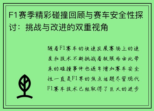 F1赛季精彩碰撞回顾与赛车安全性探讨：挑战与改进的双重视角